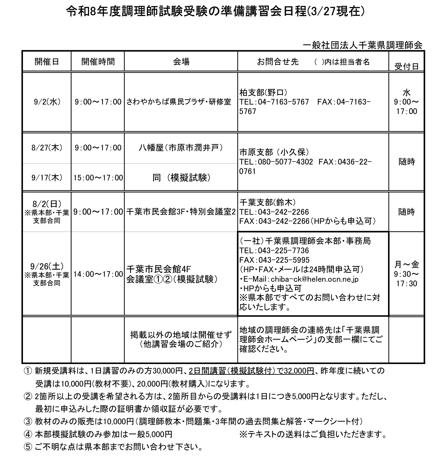 令和8年度調理師試験受験の準備講習会日程(3/27現在)